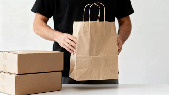 Man opening and holding a brown paper bag next to cardboard boxes, shipping and delivery service concept