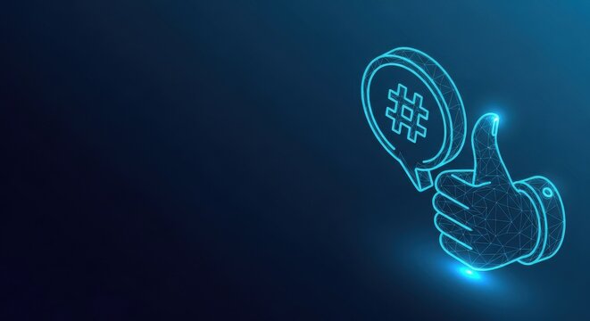 Glowing blue hashtag icon in a speech bubble held by a hand, symbolizing digital communication and trending online topics