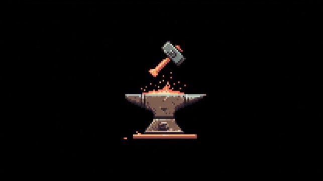 Pixel art hammer strikes glowing anvil