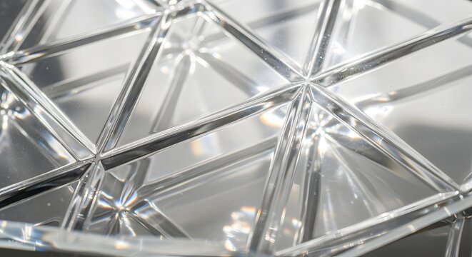 Abstract close-up of a radiant crystal surface, capturing intricate geometric facets and brilliant light reflections, creating an elegant and sparkling transparent background texture