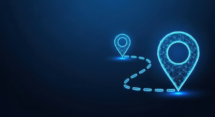 Naklejka premium Digital navigation pins and dashed route on a glowing blue abstract network background