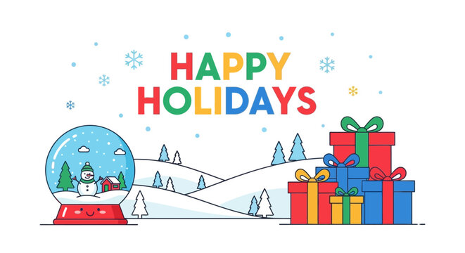 Festive holiday greeting card with colorful gifts and snow globe in winter landscape.