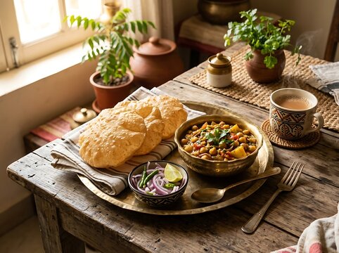 Traditional indian chana masala served with fluffy puri bread fresh onion salad hot chai tea indian food homemade