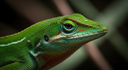 Fototapeta premium Green lizard reptile close up macro wildlife photography detailed scales exotic animal nature portrait