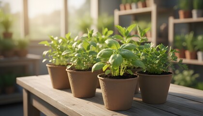 Fototapeta premium Vibrant color image of spring gardening growth featuring fresh herbs in pots for a garden center sale concept, showcasing organic seedlings on a wooden table in bright sunlight