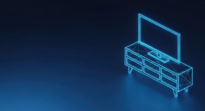 Futuristic Wireframe Television Set on Modern Entertainment Cabinet Displaying Technology and Entertainment Concepts