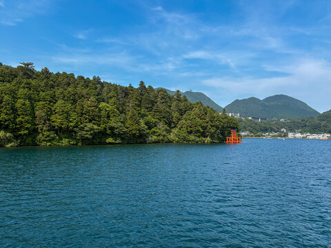 Hakone Shrine's lakefront torii,  Lake Ashi in Hakone, Japan