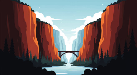 Vector flat design illustration of a scenic canyon landscape with a bridge over a river and dramatic rock formations © denijulianto
