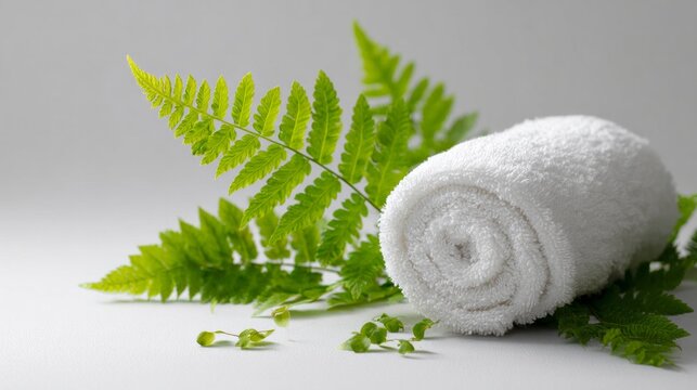 Soft white towel rests beside vibrant green fern leaves