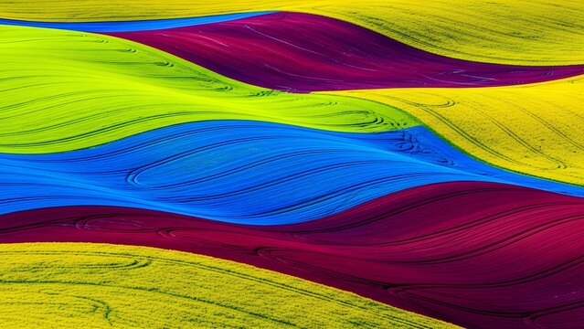 Surreal abstract landscape of rolling agricultural fields featuring hyper-vibrant wavy patterns in magenta, blue, green, and yellow.