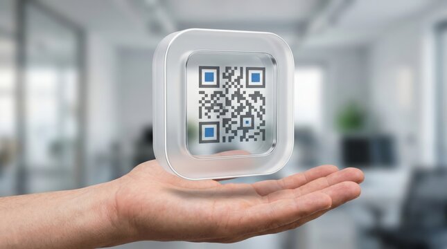 Hand Holding Glass QR Code Icon Floating in Modern Office 3d render