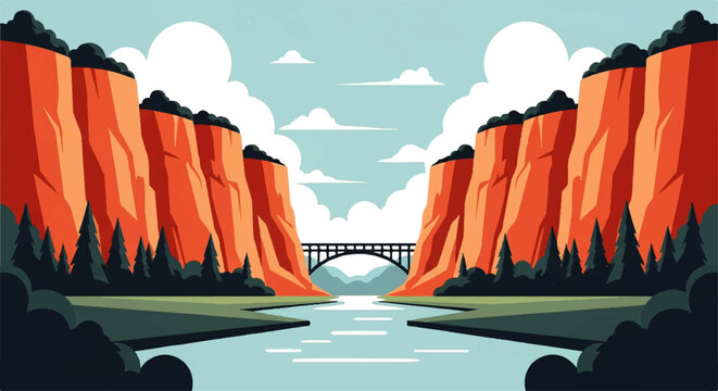 Vector flat design illustration of a majestic canyon landscape with a river and bridge under a cloudy sky