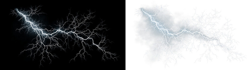 Blue and white lightning bolt striking through clouds isolated on transparent and black background in a stormy weather scene, light overlay, PNG © Liubov