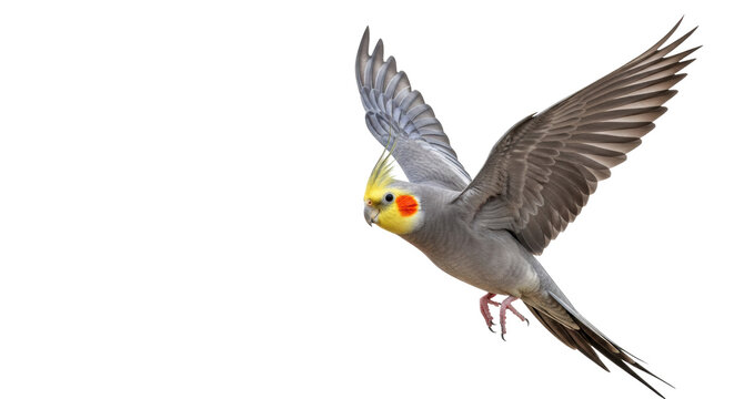 A grey cockatiel parrot with a yellow face and vibrant orange cheek patches is captured in mid-flight against a transparent studio background, celebrating freedom and elegance