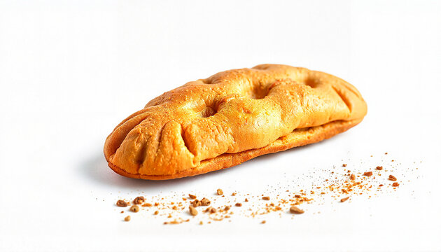 Freshly baked bread roll on white background with crumbs  