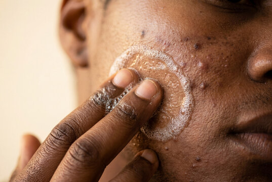 Close up of Black man applying foaming cleanser to acne face