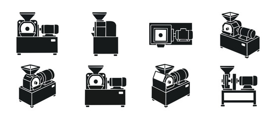 Industrial Grain Mill Icons Set - Milling Machinery Equipment for Food Processing, Agricultural Flour Production and Cereal Grinding Systems, Flat Vector Black Silhouettes Collection on White Backgrou © Fernando