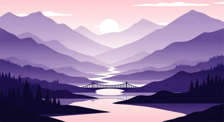 Serene mountain valley landscape with a winding river and bridge, rendered in a beautiful vector flat design © denijulianto