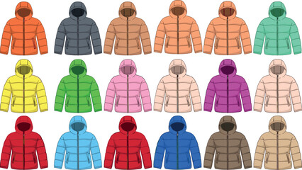 Vector set of colorful winter puffer jackets featuring hooded quilted down coats in various vibrant and neutral colors. © Md