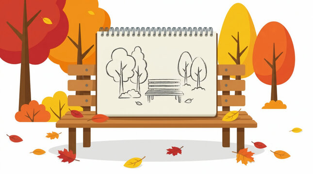 Illustration of a sketchbook on a park bench in autumn