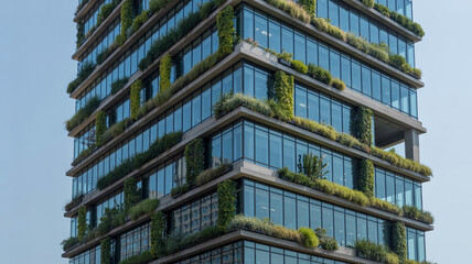 Obraz premium Modern office building with vertical green gardens on facade sustainable architecture concept with plants growing on glass walls of high rise commercial skyscraper eco friendly urban design projects.
