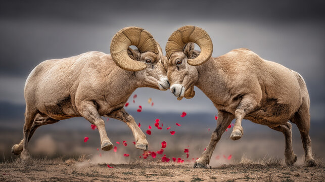 Two bighorn sheep butting heads in a fight with animal fighting wildlife aggressive