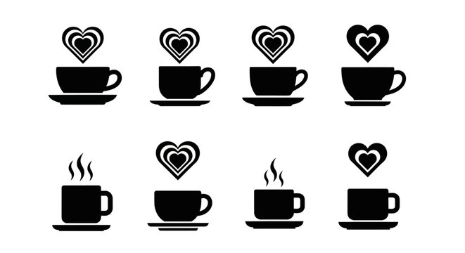 Coffee cups with heart shaped steam and foam icons set black vector collection isolated on white background for cafe branding and menu design graphic elements