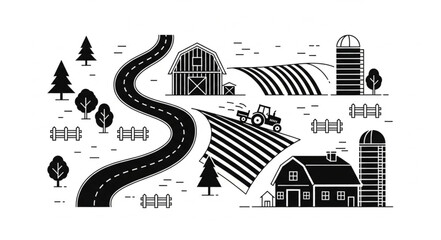 Farm landscape with tractor and barns illustration. © Ncenceleng