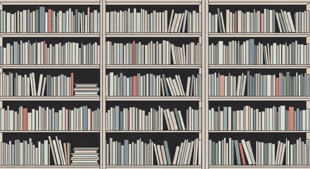 Bookshelves Filled with Various Books in Library Setting. © Ayung