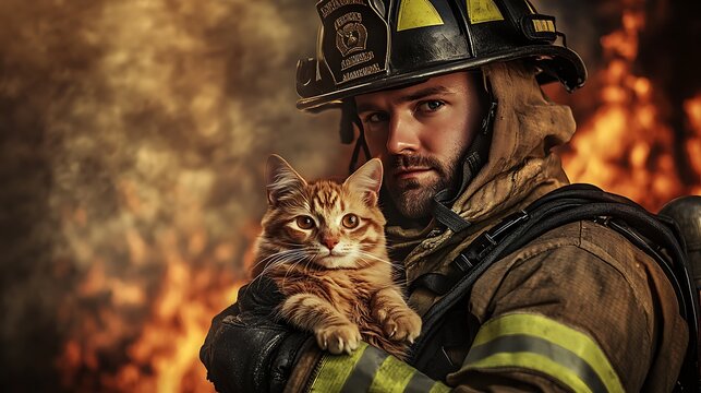 Firefighter Holding Rescued Cat Amidst Flames with Protective Gear