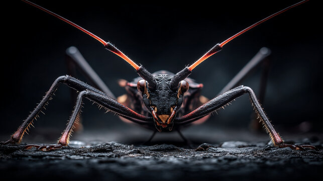 Extreme close-up of an assassin bug with long antennae and sharp features on a dark, textured