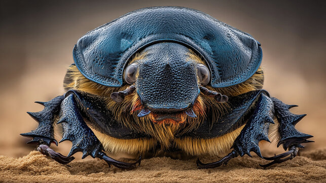 Extreme close-up of a colorful dung beetle with iridescent blue and yellow markings