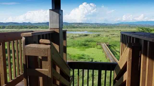 Cloud time lapse and wooden bridge from a tower on the Cartagena Lagoon, Lajas, Puerto Rico