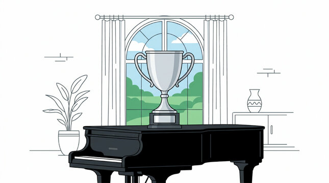Illustration of a silver trophy cup on a grand piano in a room