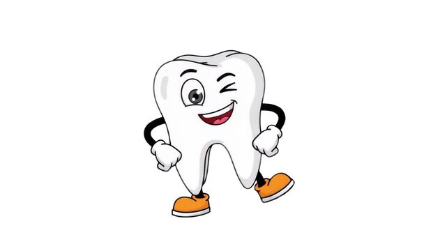 A playful 2D vector animation featuring a happy, healthy cartoon tooth mascot winking and posing against a solid white background. Excellent for pediatric dental care promos, children's oral hygiene e