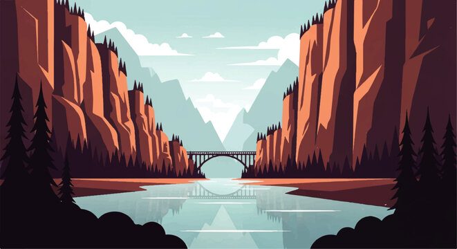Vector flat design illustration of a scenic river flowing through a grand canyon with a bridge in the distance