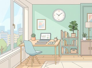 Obraz premium A modern home office with a desk chair laptop bookshelf plants and city view a comfortable workspace with natural light