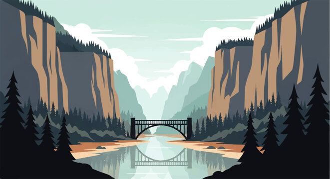 Vector flat design illustration of a scenic mountain landscape with a bridge over a calm river reflecting the sky
