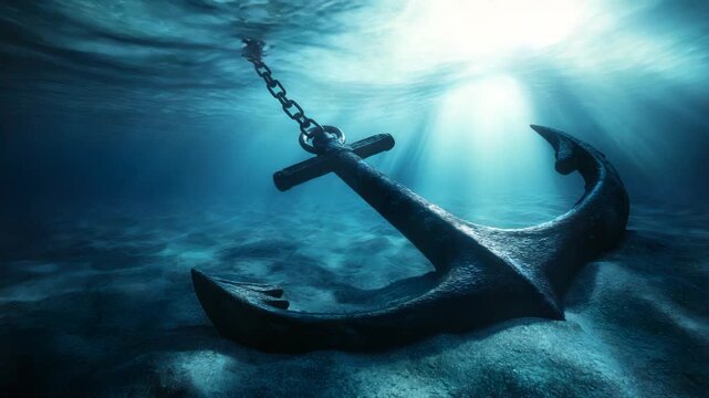 A rusty anchor rests on a sandy ocean floor, chained to the surface as sunlight streams down