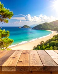 Fototapeta premium Wooden table foregrounds a vibrant coastal scene with beach and mountains