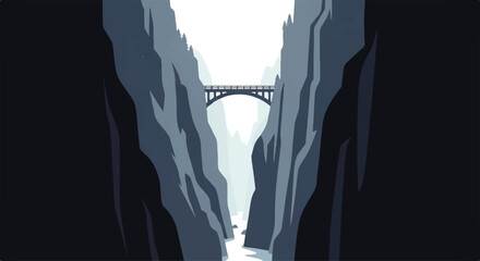 A striking vector flat design illustration of a majestic bridge spanning a deep canyon with a river flowing © denijulianto