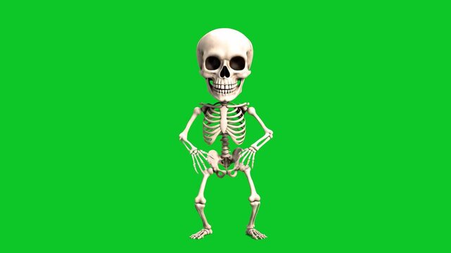 A high-quality 3D animation of a stylized human skeleton performing energetic dance moves. This asset includes lip sync capabilities for synchronized dialogue and is isolated on a chroma key green scr
