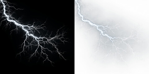 Naklejka premium Blue and white lightning strikes across isolated on transparent and black background creating an electric display during a stormy weather event, light overlay, PNG