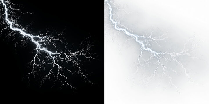 Blue and white lightning strikes across isolated on transparent and black background creating an electric display during a stormy weather event, light overlay, PNG