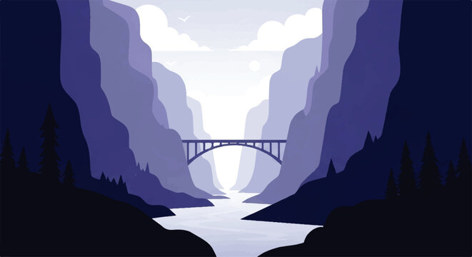 Vector flat design illustration of a majestic bridge spanning a deep canyon with a river flowing through, set