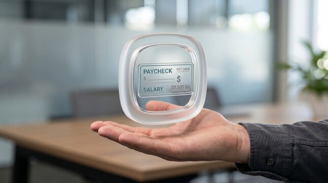 Man Holding Transparent Glass Paycheck Icon Showing Salary in Modern Office Photography
