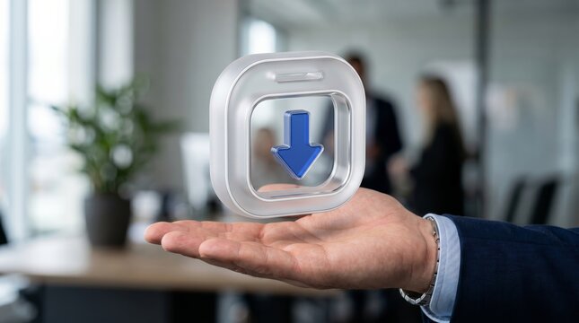Businessman Holding Glass Download Icon Button Floating in Modern Office Photography