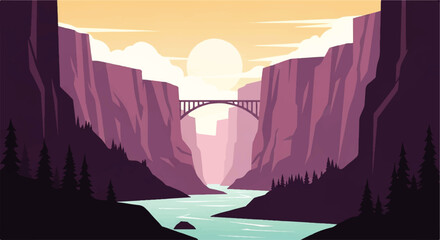 Vector flat design illustration of a majestic canyon landscape with a river and bridge under a warm sunset sky © denijulianto
