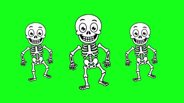 Multiple cartoon skeleton characters dancing in a row or group formation. Fun 2D animation of skeletons moving in sync, isolated on a chroma key green screen background for video editing.