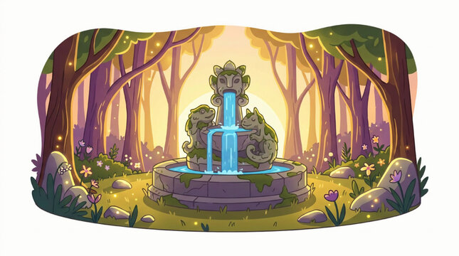 Enchanted stone fountain in a magical forest clearing